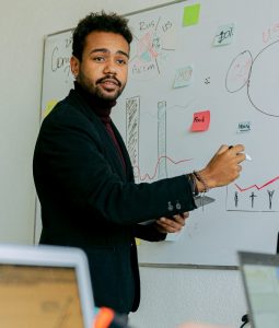 confident accent client gives presentation at work